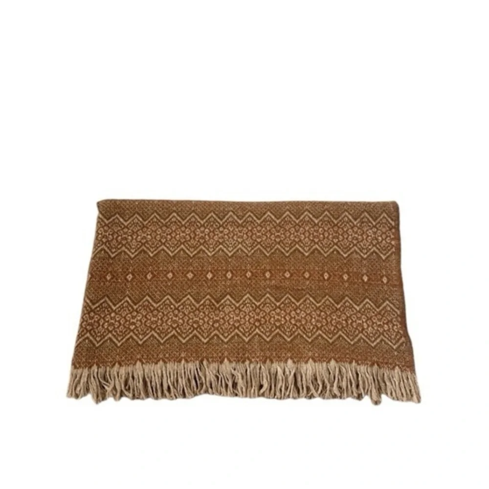 Amana Woolen Mills Vintage Brown‎ Tan Geometric Print Wool Fringe Throw Blanket